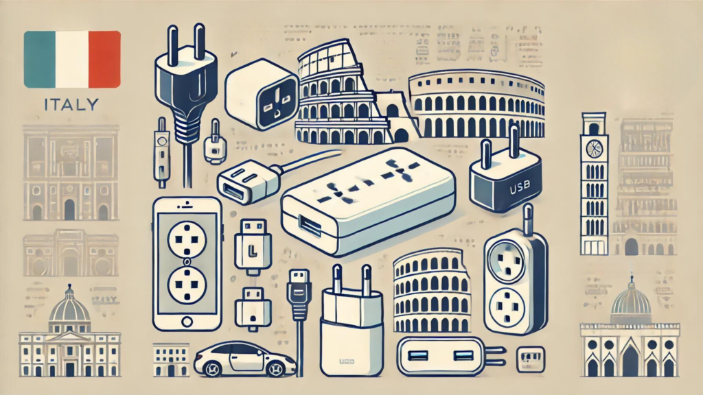 イタリア旅行で必要な電源プラグや変圧器に関するシンプルなイラストです。CタイプやLタイプのプラグ、USBポート付きアダプターなどが描かれております