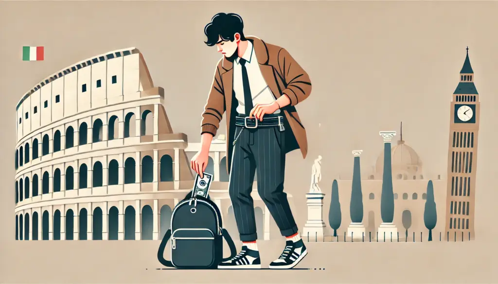 日本人男性が、イタリア旅行で貴重品を管理しているイラスト。彼はマネーベルトを使い、バッグを体の前に持ち、背景にはコロッセオなどのイタリアのランドマークが描かれている。