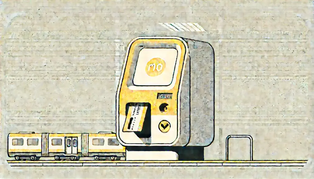 イタリアの公共交通機関で使用されるチケットの検証機を示すミニマルなイラスト。黄色または白の機械がチケットを挿入される様子が描かれており、チケットのバリデーションの重要性を強調したデザイン。
