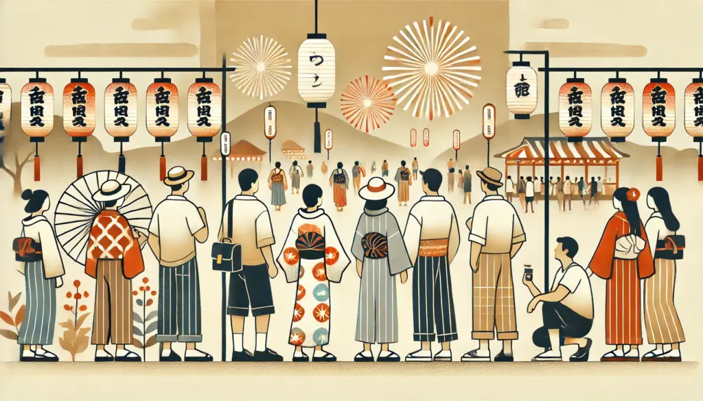 日本の夏祭りや花火大会を表現したイラストです。夏の祭りや花火大会のイベントに参加している様子が描かれています。日本の季節行事における伝統と現代的なスタイルの融合を示しています。