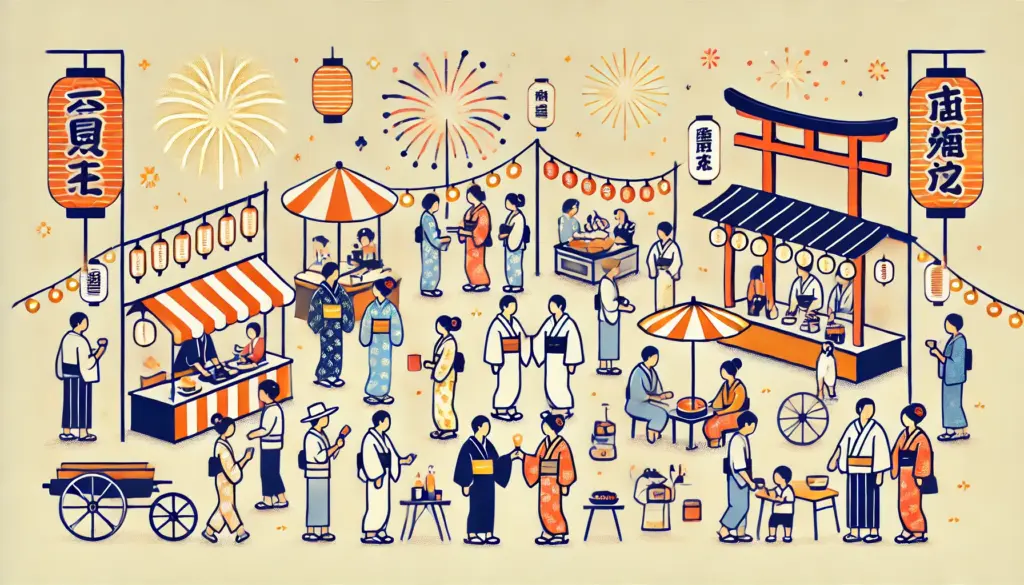 日本の夏祭り文化を表現したイラストです。浴衣を着た人々が、花火や露店で賑やかな祭りを楽しんでいる様子がシンプルなデザインで描かれています。