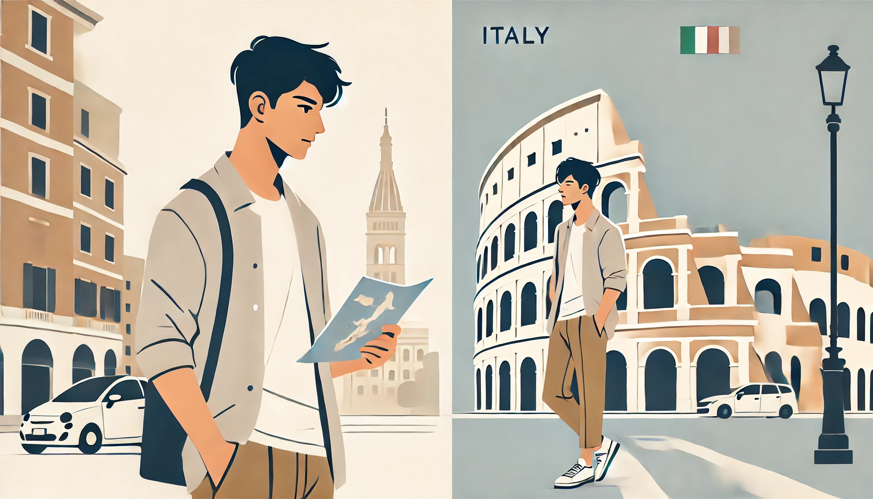 日本人男性が、イタリア旅行のアイキャッチとして描かれています。ミニマルなデザインで、シンプルな線と柔らかい色調が特徴です。