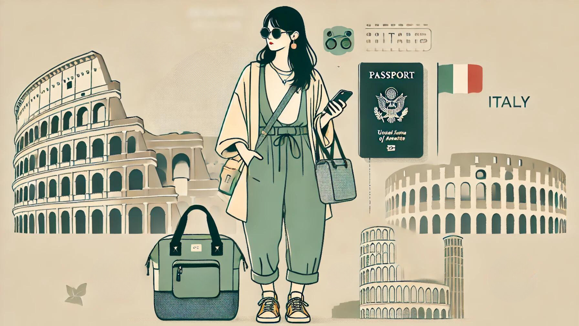 日本人女性を描いたミニマルでシンプルなデザインのイラストです。イタリア旅行に関連する持ち物を持っている様子を表現し、背景にはイタリアのランドマークが含まれています。