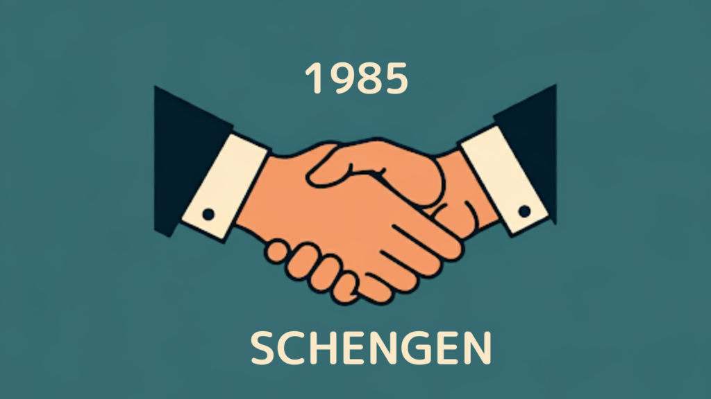 握手する手と「1985 schengen」の文字