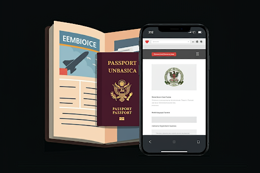 旅行ガイドブックやパスポートと大使館のウェブサイトが表示されているスマホのイメージのイラスト