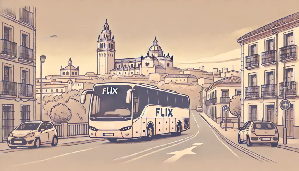 スペインのカセレスを通過するFlixBusの様子を描いたイラスト。