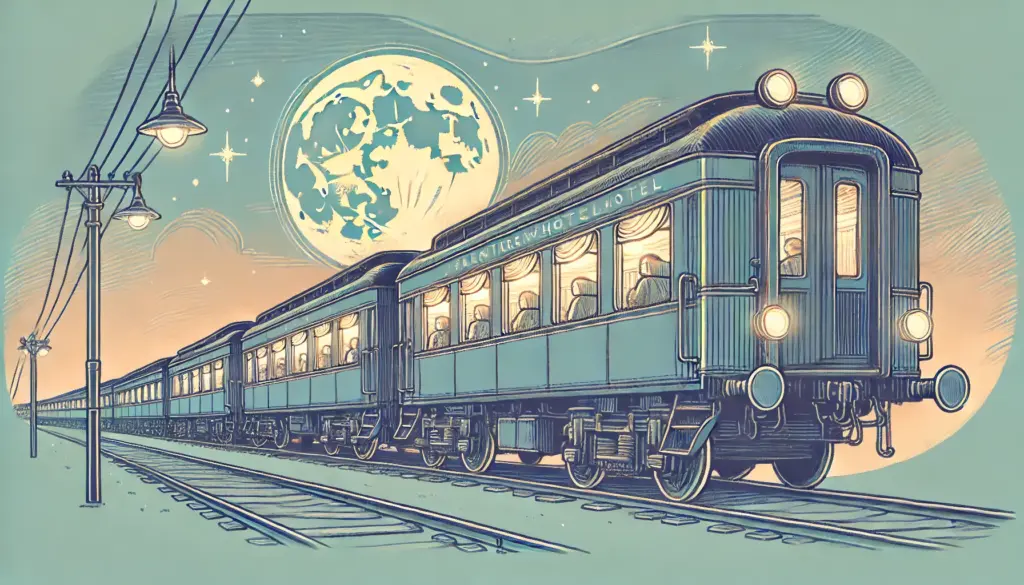 スペインとポルトガルを結ぶ夜行列車「Lusitania Trenhotel」のイラスト。