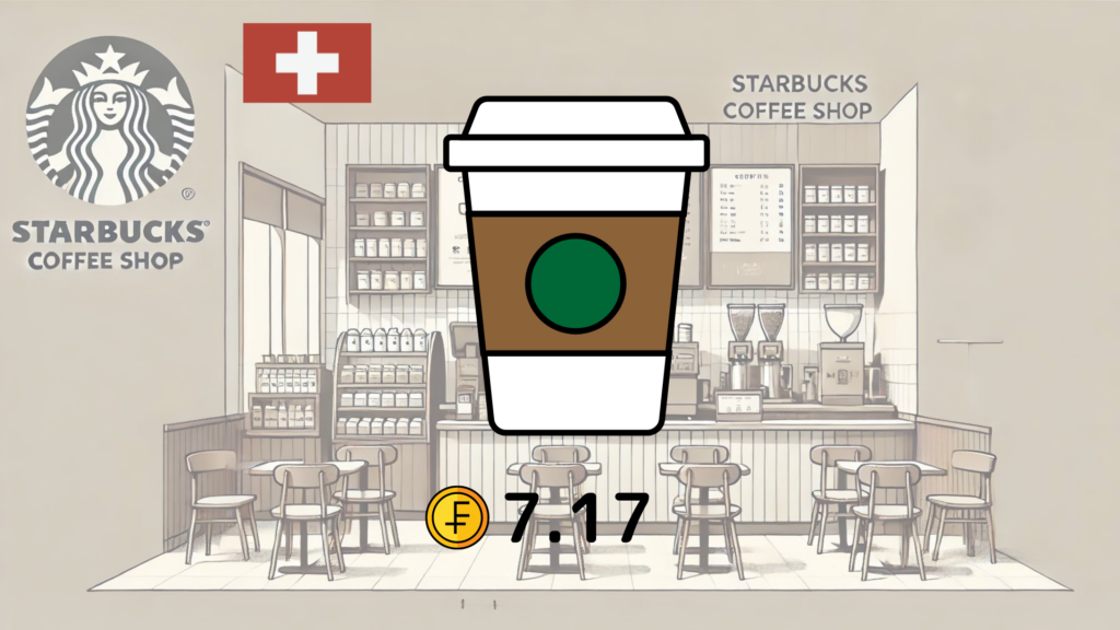 スターバックスコーヒー店内の様子を描いたイラスト。シンプルなテーブルと椅子、カウンターにはコーヒーマシンとメニューボードがある。