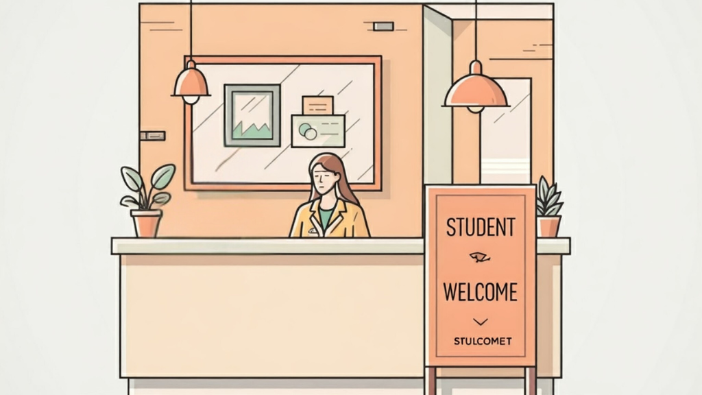 学生向け宿泊施設のフロントに「Student Welcome!」の看板があるイラスト