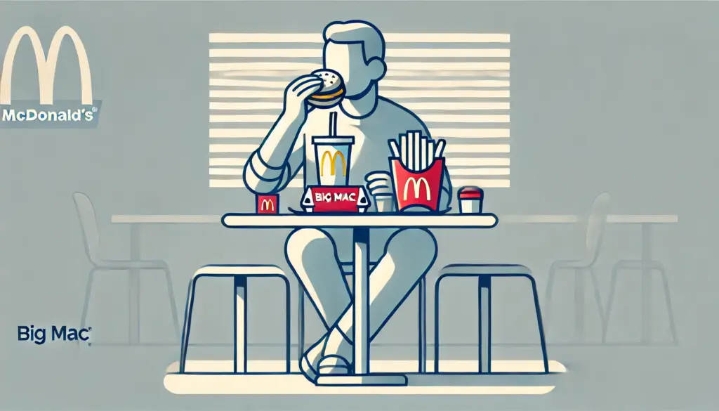 マクドナルドのビッグマックセットを食べている人物のイラスト。人物がテーブルに座り、ビッグマック、ポテト、ドリンクが並べられている。