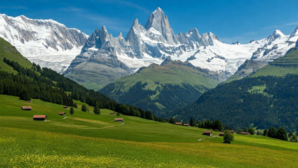 緑の牧草地と雪をかぶった山々が美しい、スイスの6月の風景