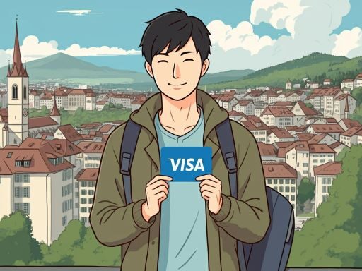 VISA のクレジットカードのロゴを持っている旅行者。