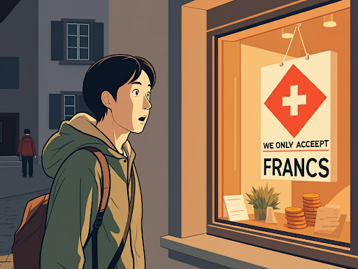 「We only accept Swiss Francs」と書かれたサインを見ている旅行者のイラスト