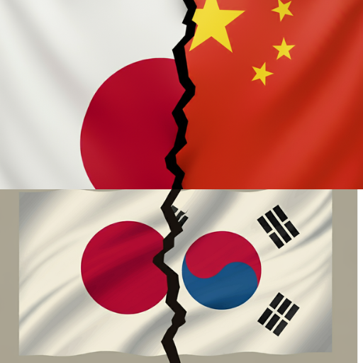 日本の国旗と中国や韓国の国旗が象徴的に分裂しているイラスト