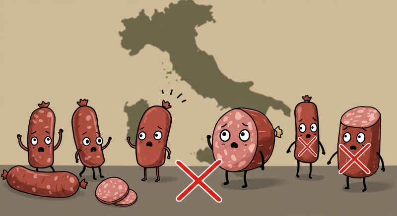 イタリアでは少量でも肉製品が禁止されていることを強調したイラスト