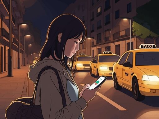 スペインの夜の街の通りに立っている日本人女性のイラスト