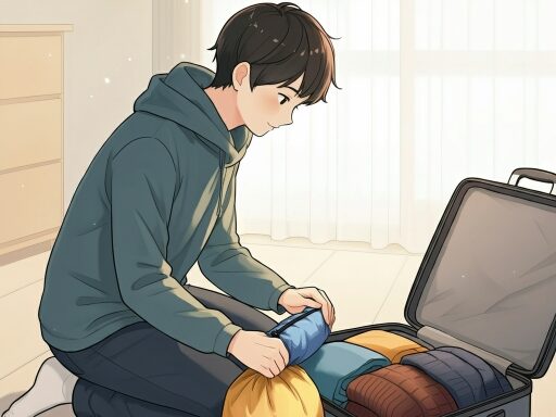 冬の旅行のために荷造りをしている人物のイラスト