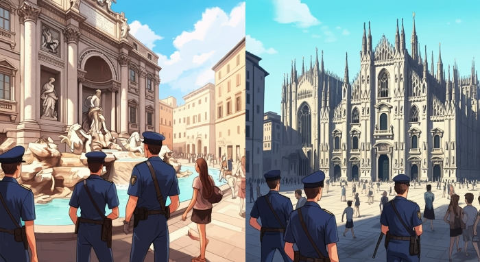 有名なイタリアの観光地での警察のパトロールのイラスト