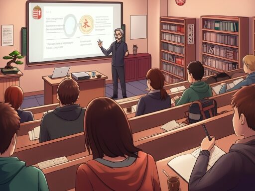 教授が日本語と言語学の授業を行っているイラスト