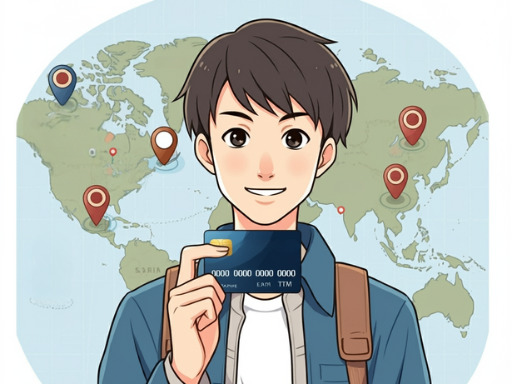 旅行者が世界地図の前に立っているイラスト