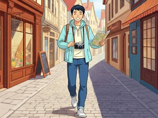 旅行者が昼間にヨーロッパの街を散策しているイラスト