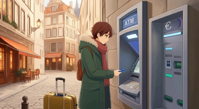 ヨーロッパの都市で ATM を使用する旅行者のイラスト