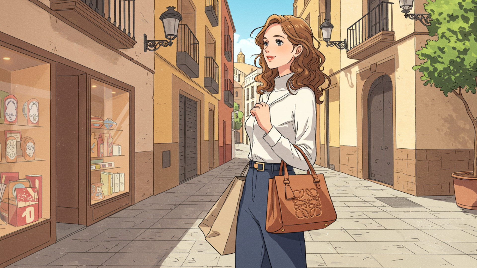 女性がハンドバッグを持って、魅力的なスペインの街を歩いているイラスト