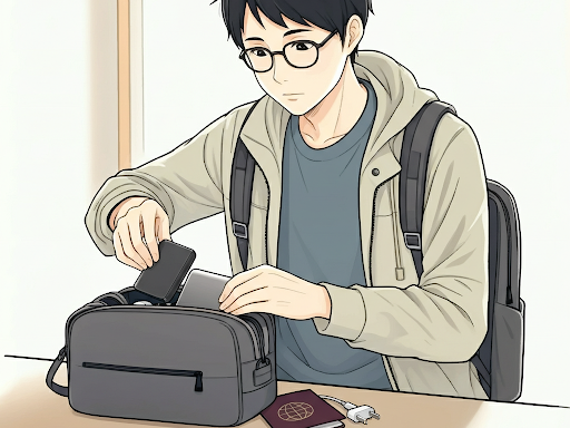 旅行のためにモバイルバッテリーと充電ケーブルを準備しているイラスト