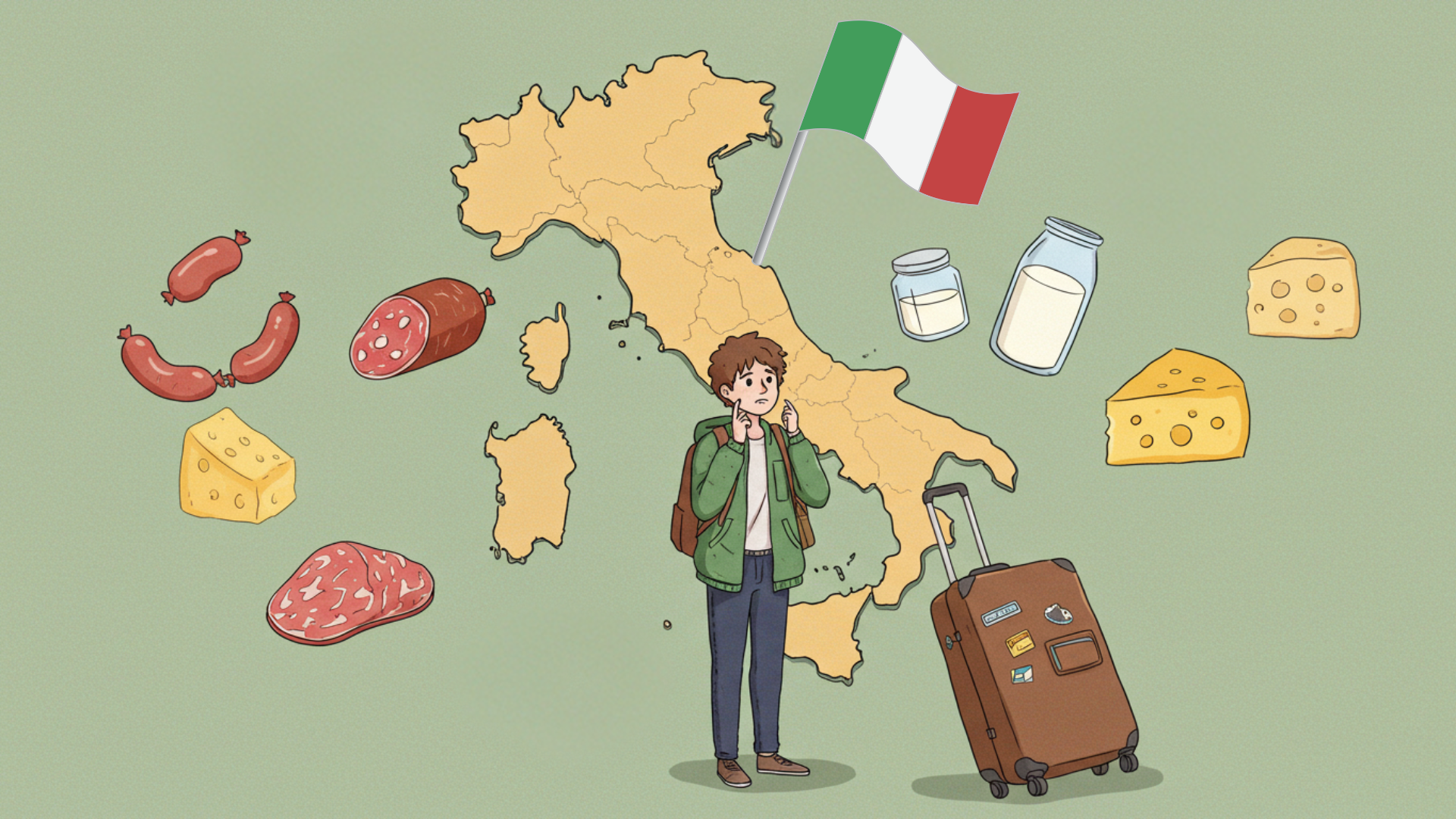 イタリアの地図と、輸入が禁止されている食品のイラスト