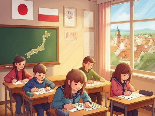 ポーランドの教室で日本語を学んでいる学生たちの様子