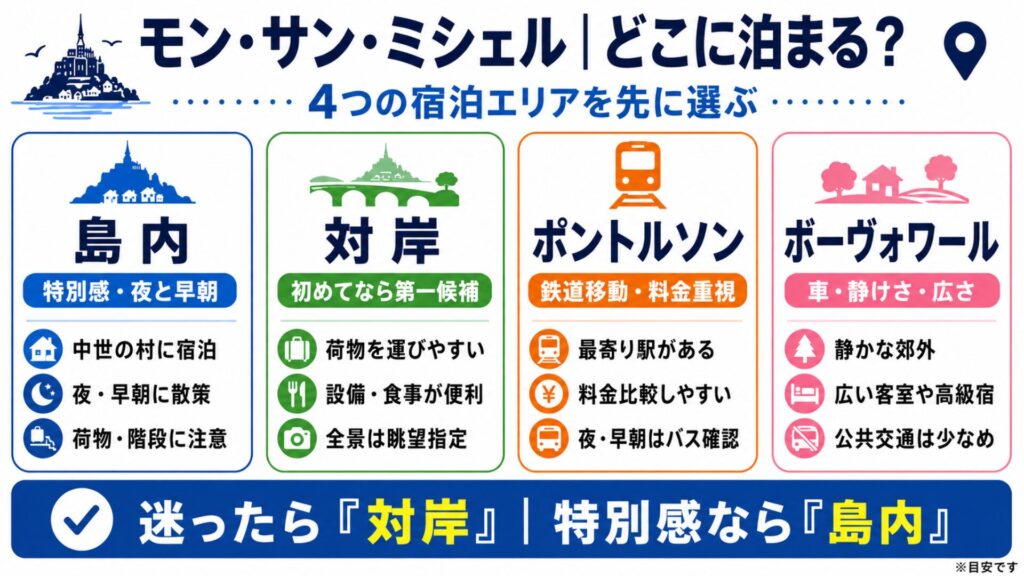 モン・サン・ミシェルの島内・対岸・ポントルソン・ボーヴォワールの特徴と向いている旅行者を比較した図解