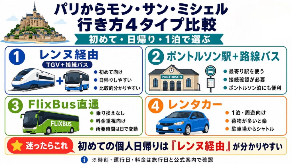 パリからモン・サン・ミシェルへの行き方を、レンヌ経由・ポントルソン経由・直通バス・レンタカーで比較した図解