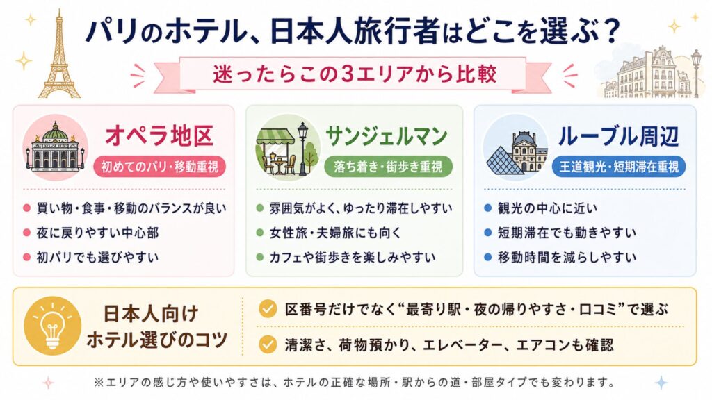 日本人旅行者向けにオペラ地区・サンジェルマン周辺・ルーブル周辺のパリホテル選びを比較した図解