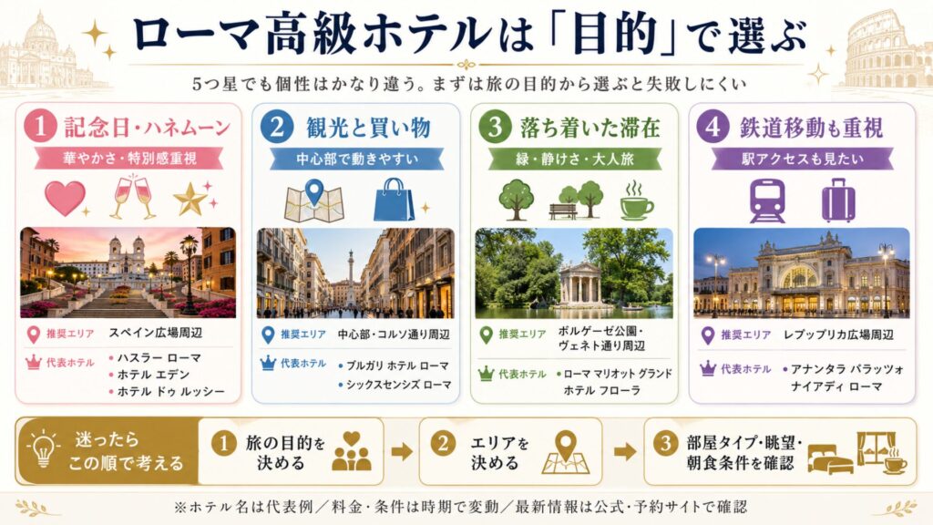 ローマ高級ホテルをハネムーン・観光・落ち着いた滞在・鉄道移動など目的別に選ぶ図解