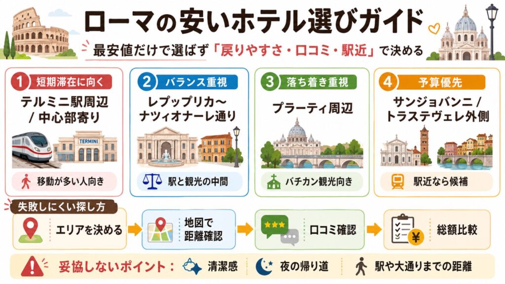 ローマの安いホテルをテルミニ駅周辺・プラーティ周辺・サンジョバンニ周辺など目的別に選ぶ図解