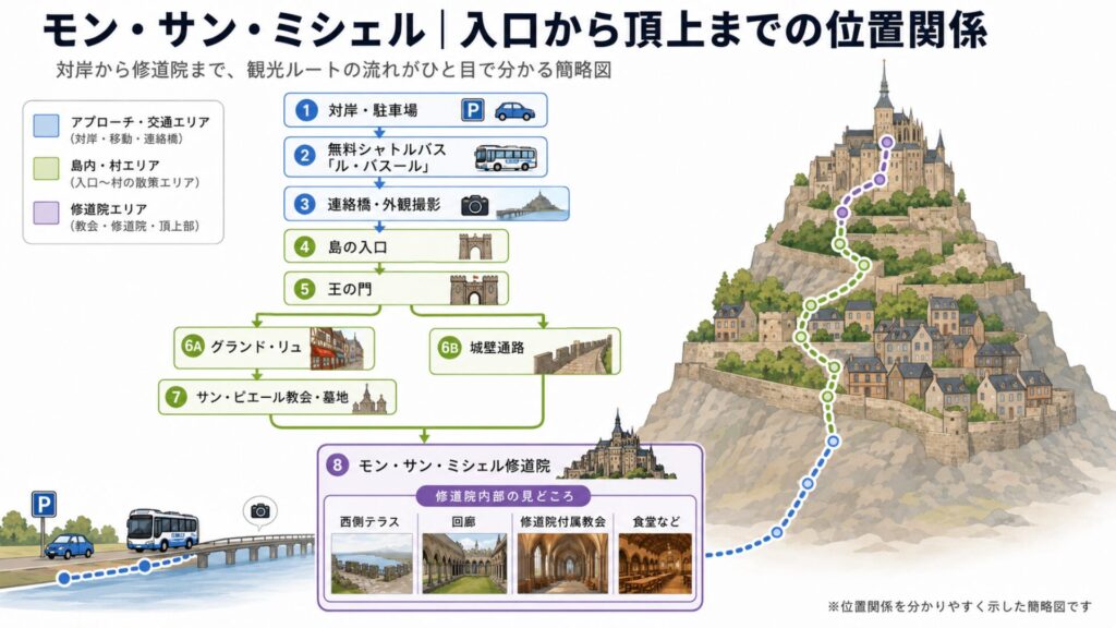 モン・サン・ミシェルの入口から修道院までの観光ルート図
