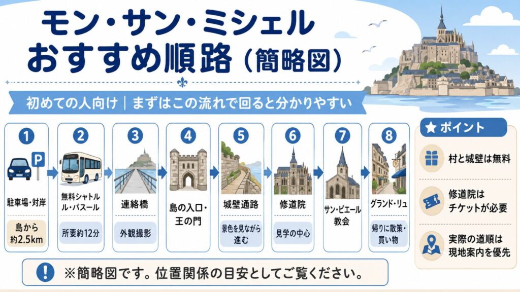 モン・サン・ミシェル観光のおすすめ順路を、駐車場エリアから無料シャトル、連絡橋、王の門、城壁通路、修道院、グランド・リュまで順番に示した簡略図