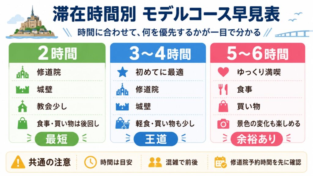 モン・サン・ミシェル観光の滞在時間別モデルコースを、2時間、3〜4時間、5〜6時間で比較した早見表