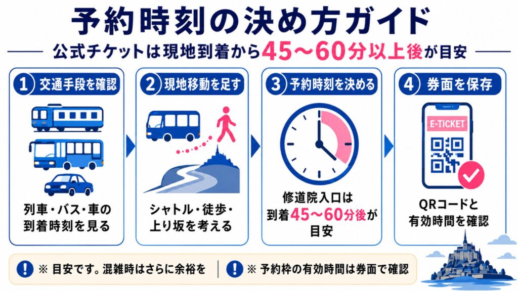 モン・サン・ミシェル修道院の公式チケットを、現地到着から45~60分以上空けて予約する手順を示した図解