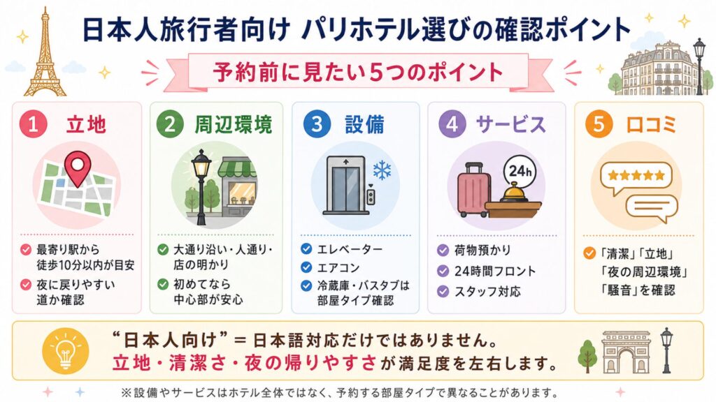 日本人旅行者がパリのホテルを選ぶ前に確認したい立地・設備・口コミ・サービスのポイント