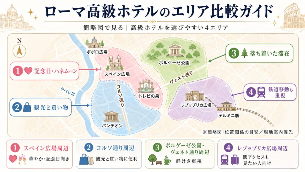 ローマ高級ホテルの宿泊エリアをスペイン広場周辺・中心部・ボルゲーゼ公園周辺・レプッブリカ広場周辺で比較した簡略地図