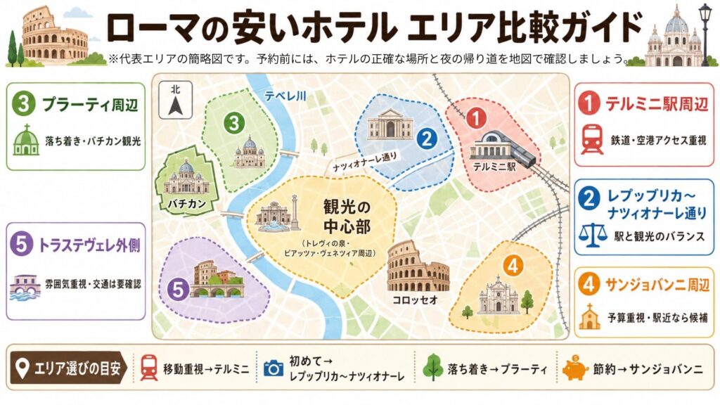 ローマで安いホテルを探しやすい代表エリアをテルミニ駅周辺・レプッブリカ周辺・プラーティ周辺などで示した簡略地図