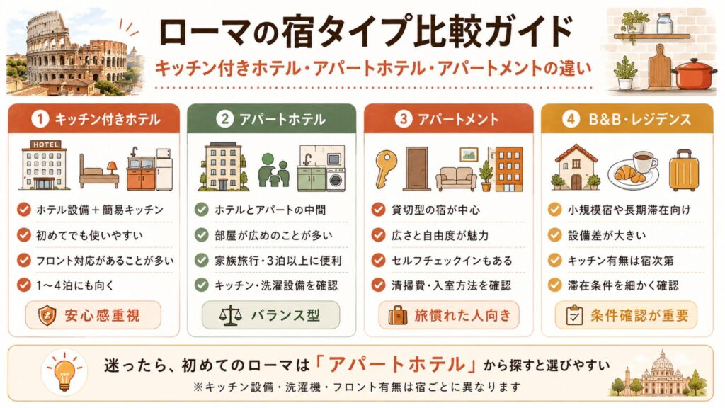 ローマのキッチン付きホテル・アパートホテル・アパートメント・B&Bレジデンスの違いを比較した図解