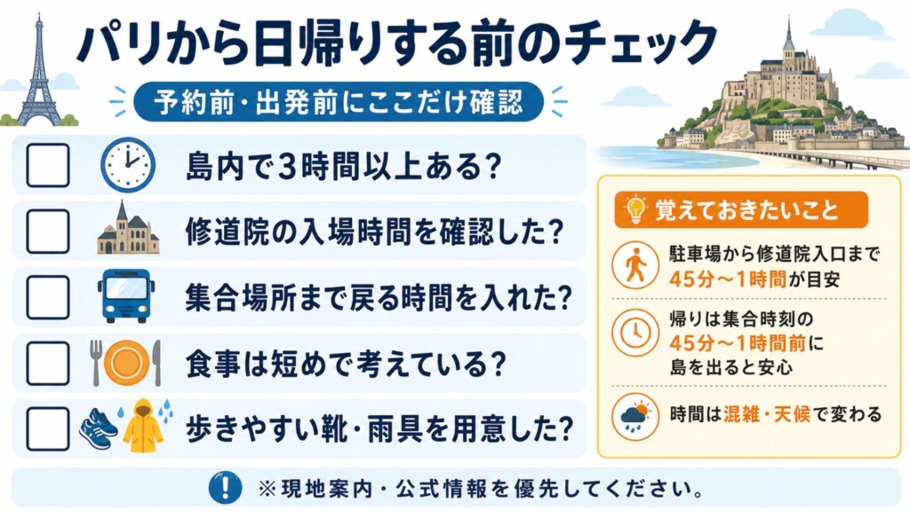 パリからモン・サン・ミシェルへ日帰りする前に、島内自由時間、修道院入場時間、集合場所、食事時間、靴や雨具を確認するチェックリスト