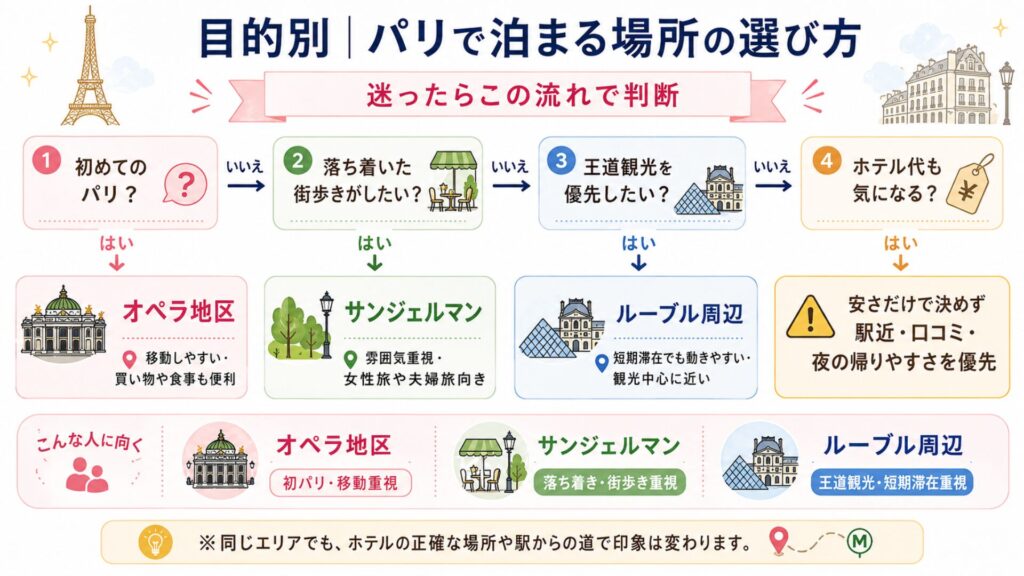 初めてのパリや街歩き重視など目的別にホテルエリアを選ぶためのフローチャート