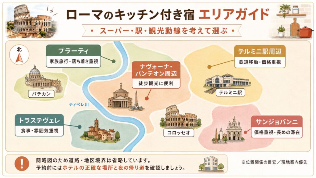 ローマでキッチン付き宿を探しやすいプラーティ・テルミニ駅周辺・ナヴォーナ周辺・トラステヴェレ・サンジョバンニの簡略エリア図