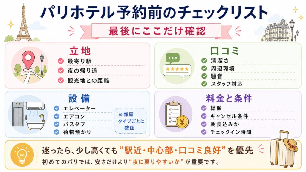 パリホテル予約前に確認したい立地・設備・口コミ・料金条件のチェックリスト