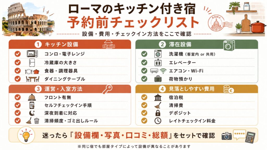 ローマのキッチン付き宿予約前にキッチン設備・洗濯機・チェックイン方法・清掃費を確認するチェックリスト