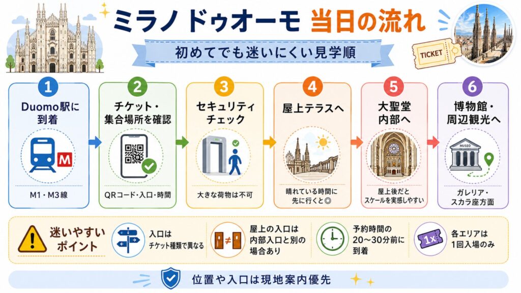 ミラノ ドゥオーモ見学当日の流れを、Duomo駅到着から屋上テラス、大聖堂内部、博物館まで順番に示した図解
