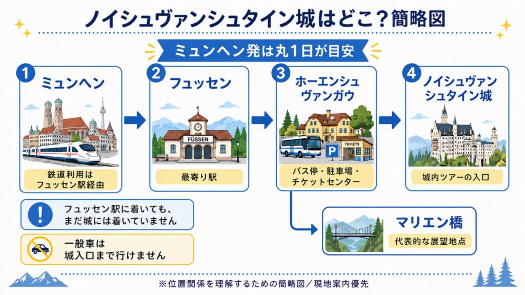 ミュンヘンからフュッセン、ホーエンシュヴァンガウ、ノイシュヴァンシュタイン城までの位置関係とマリエン橋を示した簡略図